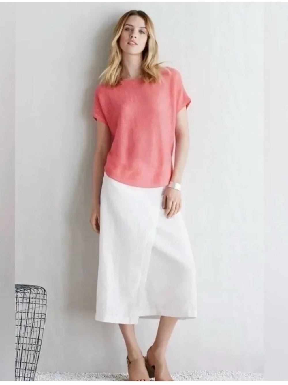 EUC Eileen Fisher White 100% Organic Linen faux Wrap Midi Skirt Small Pull On